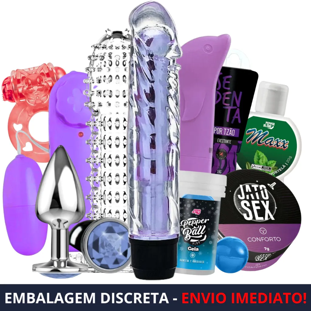 Kit de brinquedos adultos: vibrador transparente, capa texturizada, plug anal metálico com pedra, cápsula vibratória, anel peniano e géis