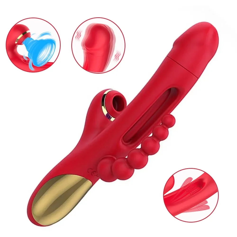 Vibrador vermelho com sugador de clitóris, haste pulsante e estimulador de bolinhas